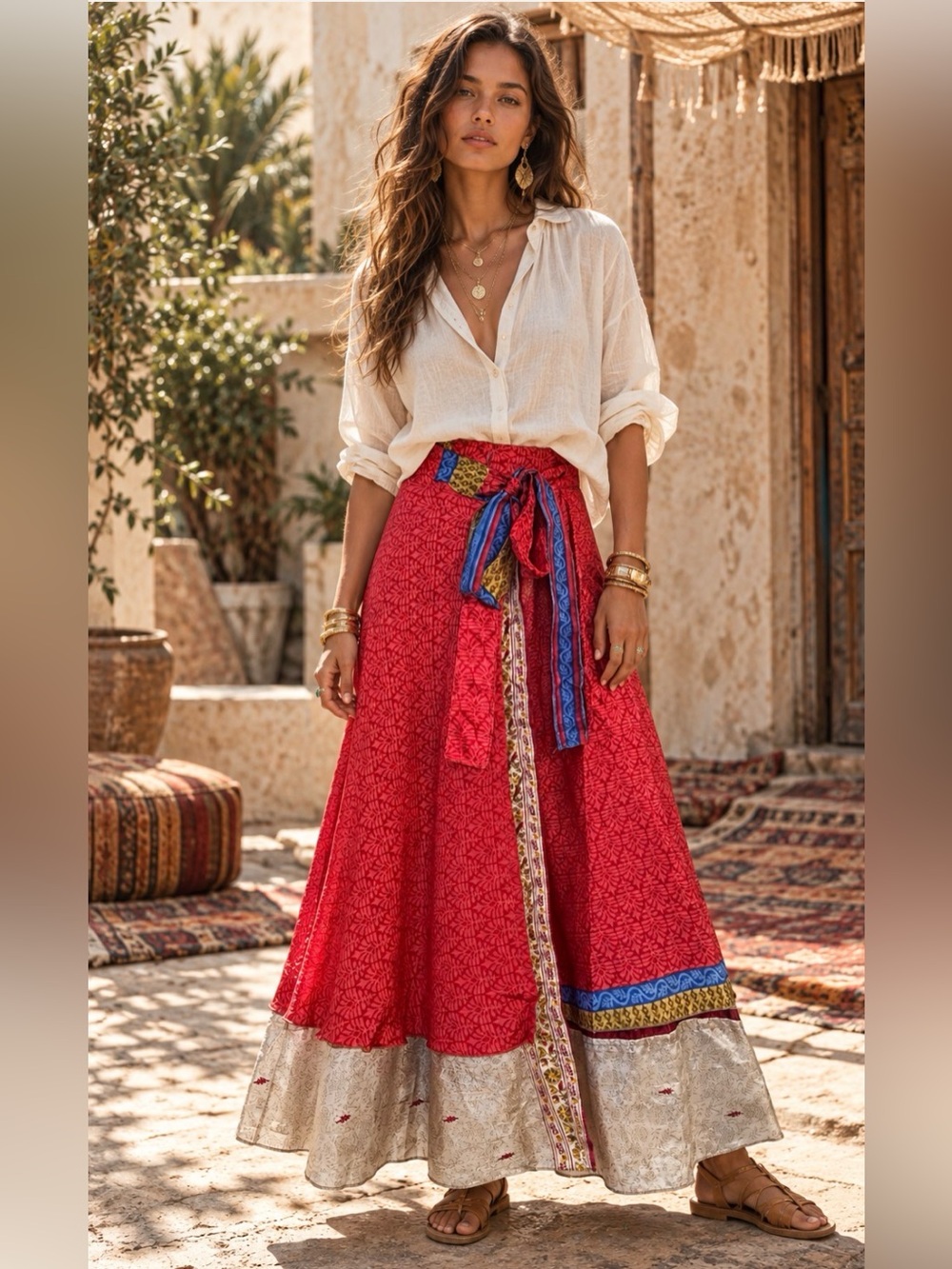 Recycled Silk Blend Long Maxi Wrap Skirt Free Size Indi Multi-Color Gypsy Boho